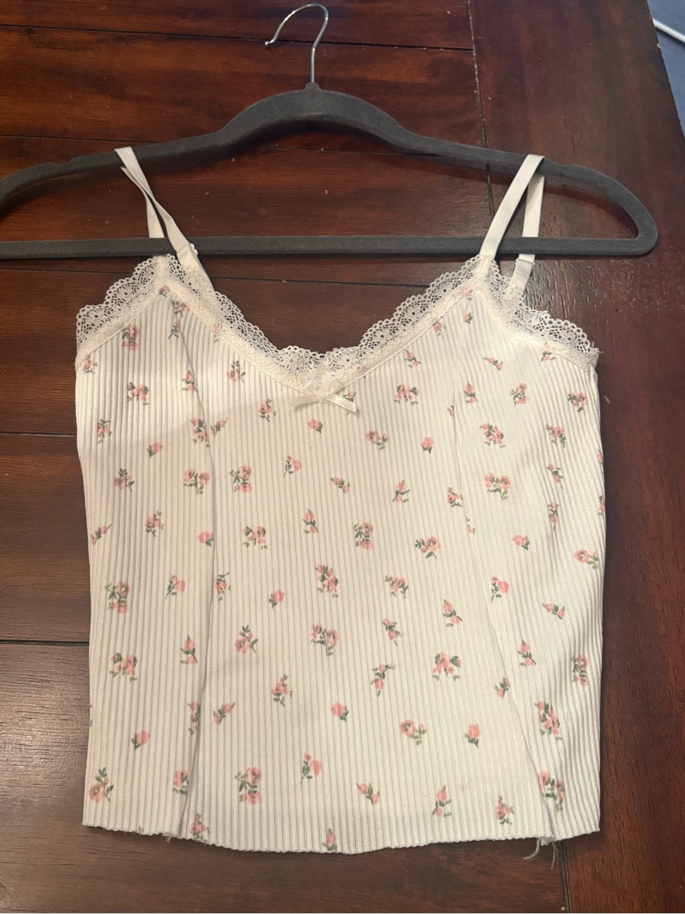 White Floral Lace-Trim Ribbed Tank Top with Pink Rose Print